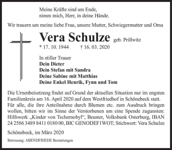 Traueranzeige von Vera Schulze (geb. Prillwitz)  von Magdeburger Volksstimme