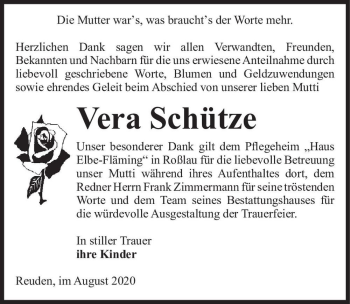 Traueranzeige von Vera Schütze  von Magdeburger Volksstimme