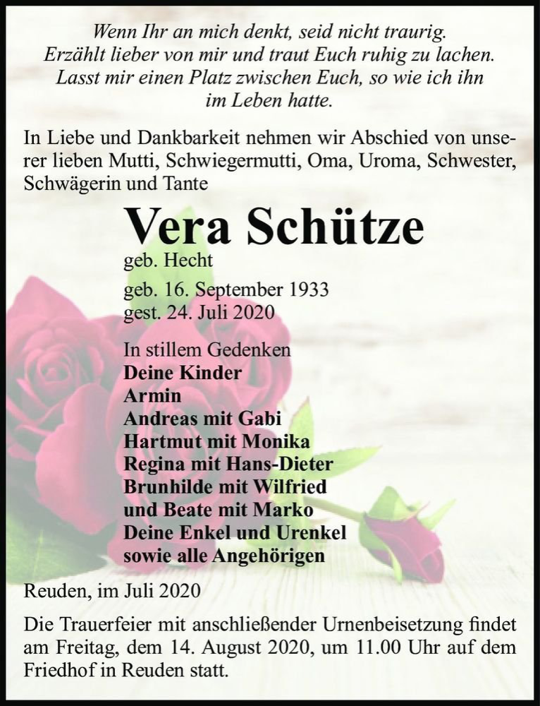  Traueranzeige für Vera Schütze (geb. Hecht)  vom 01.08.2020 aus Magdeburger Volksstimme