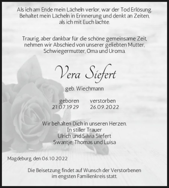 Traueranzeige von Vera Siefert (geb. Wiechmann)  von Magdeburger Volksstimme
