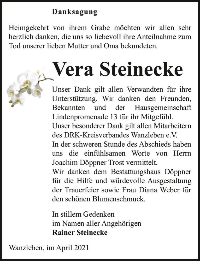  Traueranzeige für Vera Steinecke  vom 17.04.2021 aus Magdeburger Volksstimme