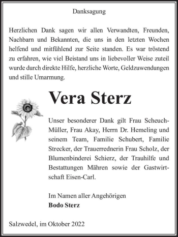 Traueranzeige von Vera Sterz  von Magdeburger Volksstimme