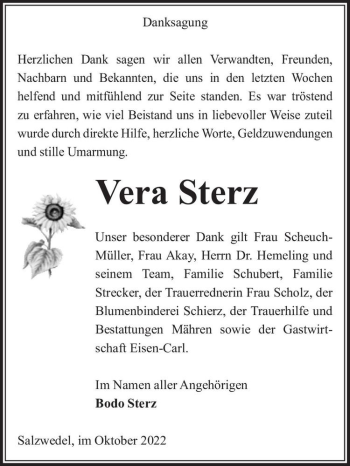 Traueranzeige von Vera Sterz  von Magdeburger Volksstimme