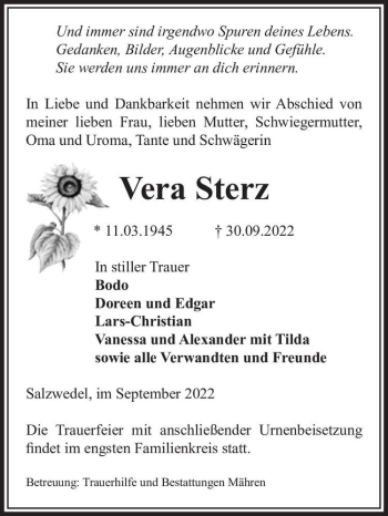 Traueranzeige von Vera Sterz  von Magdeburger Volksstimme
