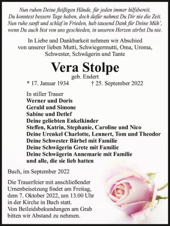 Traueranzeige von Vera Stolpe (geb. Endert)  von Magdeburger Volksstimme