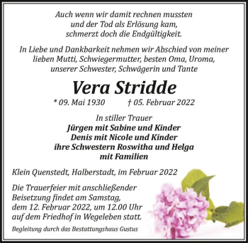 Traueranzeige von Vera Stridde  von Magdeburger Volksstimme
