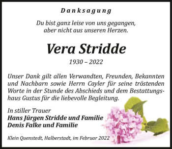 Traueranzeige von Vera Stridde  von Magdeburger Volksstimme