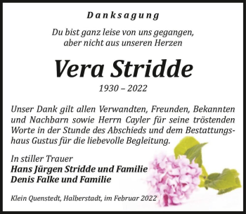 Traueranzeige von Vera Stridde  von Magdeburger Volksstimme