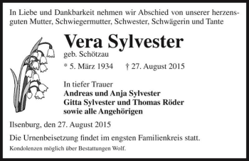 Traueranzeige von Vera Sylvester (geb. Schötzau)  von Magdeburger Volksstimme