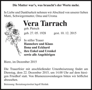 Traueranzeige von Vera Tarrach (geb. Pietsch)  von Magdeburger Volksstimme
