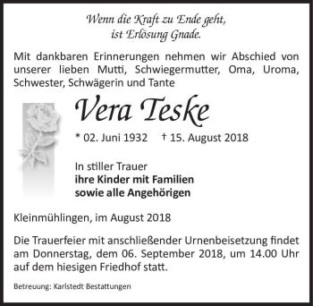 Traueranzeige von Vera Teske  von Magdeburger Volksstimme