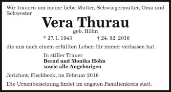 Traueranzeige von Vera Thurau (geb. Höhn)  von Magdeburger Volksstimme