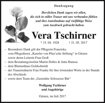 Traueranzeige von Vera Tschirner  von Magdeburger Volksstimme
