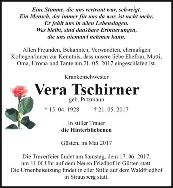 Traueranzeige von Vera Tschirner (geb. Putzmann)  von Magdeburger Volksstimme
