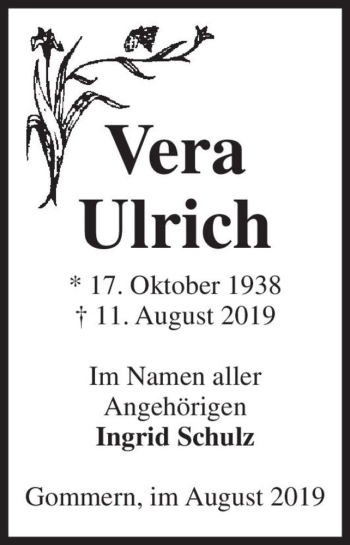 Traueranzeige von Vera Ulrich  von Magdeburger Volksstimme