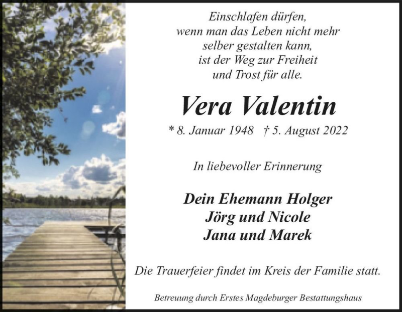  Traueranzeige für Vera Valentin  vom 13.08.2022 aus Magdeburger Volksstimme