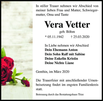 Traueranzeige von Vera Vetter (geb. Böhm)  von Magdeburger Volksstimme