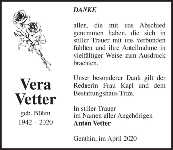 Traueranzeige von Vera Vetter (geb. Böhm)  von Magdeburger Volksstimme