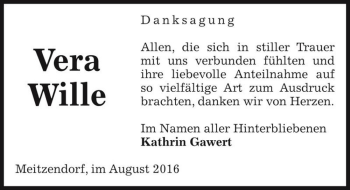 Traueranzeige von Vera Wille  von Magdeburger Volksstimme