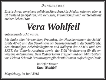 Traueranzeige von Vera Wohlfeil  von Magdeburger Volksstimme