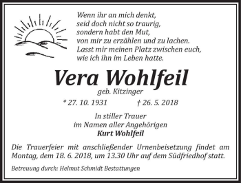 Traueranzeige von Vera Wohlfeil (geb. Kitzinger)  von Magdeburger Volksstimme