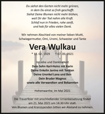 Traueranzeige von Vera Wulkau  von Magdeburger Volksstimme