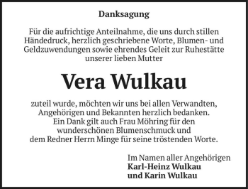 Traueranzeige von Vera Wulkau  von Magdeburger Volksstimme