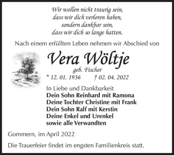 Traueranzeige von Vera Wöltje (geb. Fischer)  von Magdeburger Volksstimme