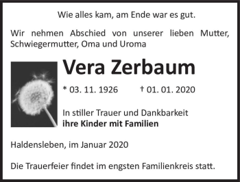 Traueranzeige von Vera Zerbaum  von Magdeburger Volksstimme