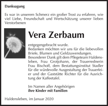 Traueranzeige von Vera Zerbaum  von Magdeburger Volksstimme