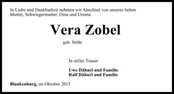 Traueranzeige von Vera Zobel (geb. Stöhr)  von Magdeburger Volksstimme
