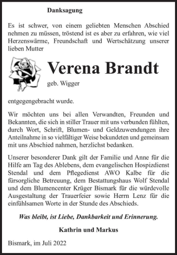 Traueranzeige von Verena Brandt (geb. Wigger)  von Magdeburger Volksstimme