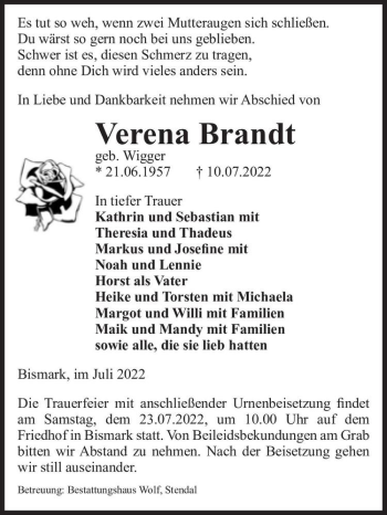 Traueranzeige von Verena Brandt (geb. Wigger)  von Magdeburger Volksstimme