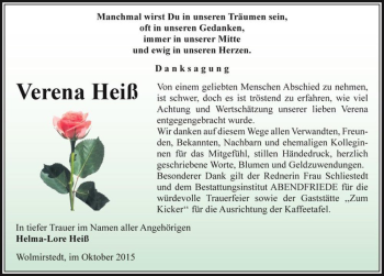Traueranzeige von Verena Heiß  von Magdeburger Volksstimme