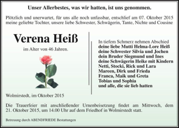 Traueranzeige von Verena Heiß  von Magdeburger Volksstimme