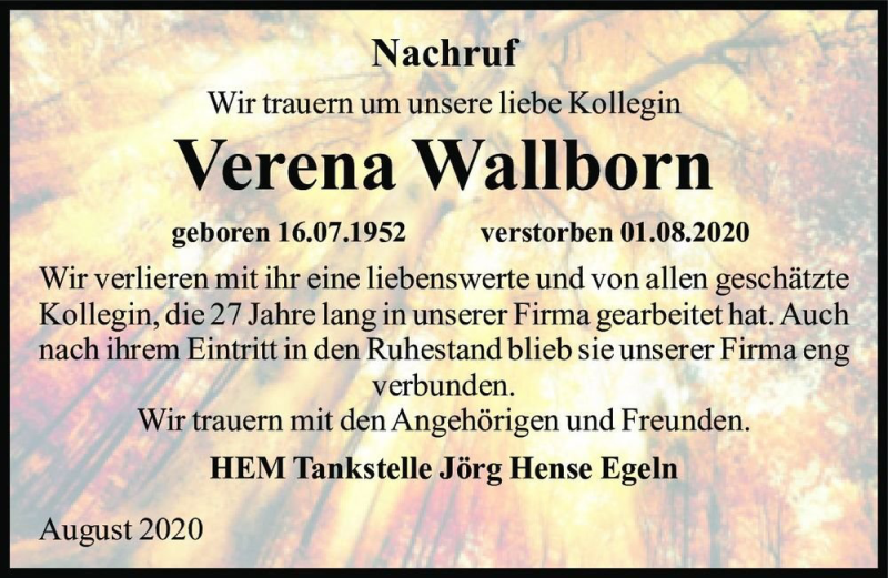  Traueranzeige für Verena Wallborn  vom 15.08.2020 aus Magdeburger Volksstimme