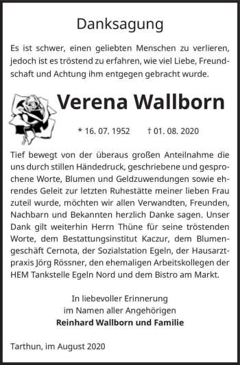 Traueranzeige von Verena Wallborn  von Magdeburger Volksstimme
