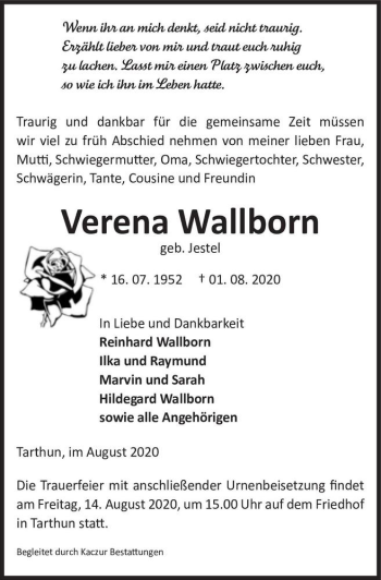 Traueranzeige von Verena Wallborn (geb. Jestel)  von Magdeburger Volksstimme
