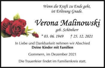 Traueranzeige von Verona Malinowski (geb. Schönherr)  von Magdeburger Volksstimme