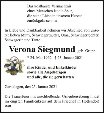 Traueranzeige von Verona Siegmund (geb. Grupe)  von Magdeburger Volksstimme