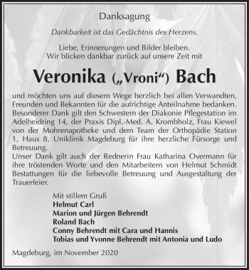 Traueranzeige von Veronika Bach  von Magdeburger Volksstimme