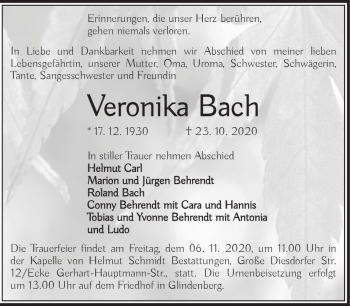 Traueranzeige von Veronika Bach  von Magdeburger Volksstimme