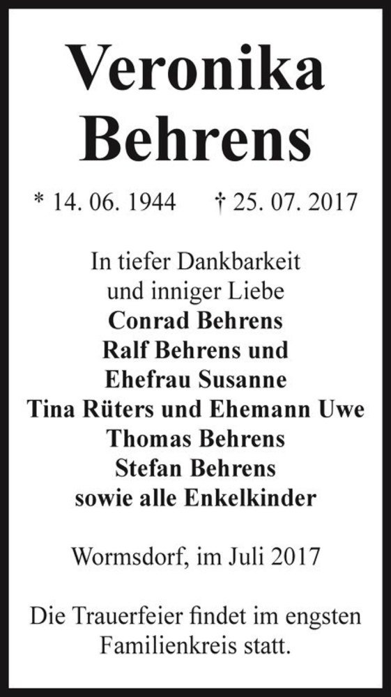  Traueranzeige für Veronika Behrens  vom 29.07.2017 aus Magdeburger Volksstimme