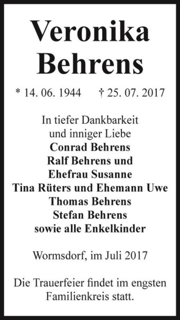 Traueranzeige von Veronika Behrens  von Magdeburger Volksstimme