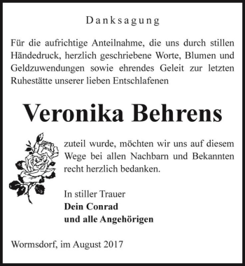 Traueranzeige von Veronika Behrens  von Magdeburger Volksstimme