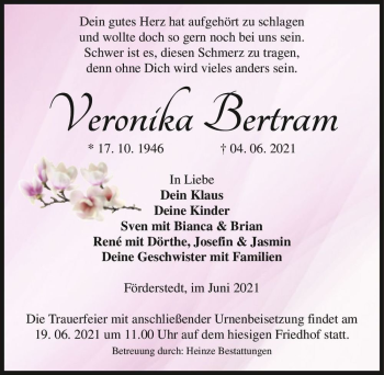 Traueranzeige von Veronika Bertram  von Magdeburger Volksstimme