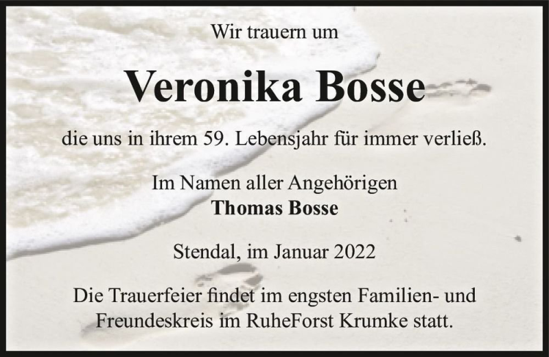  Traueranzeige für Veronika Bosse  vom 08.01.2022 aus Magdeburger Volksstimme
