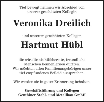 Traueranzeige von Veronika Dreilich und Hartmut Hübl  von Magdeburger Volksstimme