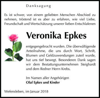Traueranzeige von Veronika Epkes  von Magdeburger Volksstimme