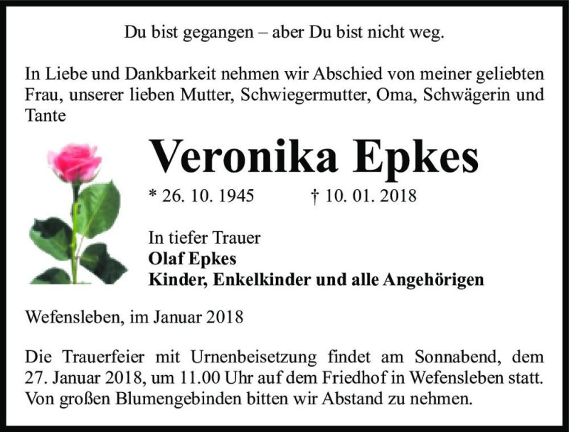  Traueranzeige für Veronika Epkes  vom 17.01.2018 aus Magdeburger Volksstimme
